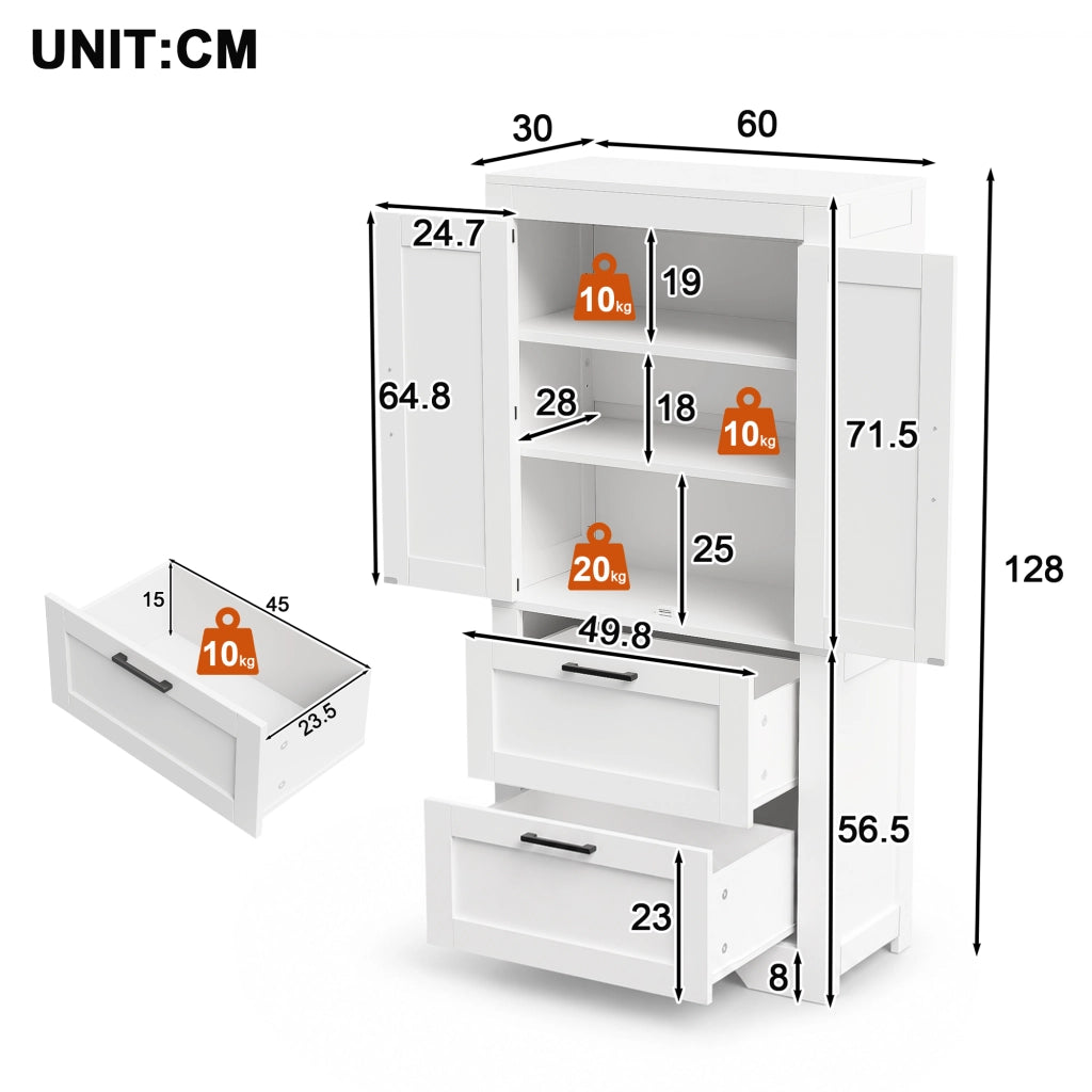 Credenza alta con 2 cassetti e ripiani regolabili in MDF bianca