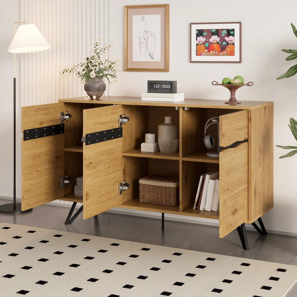 Credenza a 3 ante effetto legno con gambe in metallo nere per soggiorno e sala da pranzo 140 × 40 × 75.5 cm
