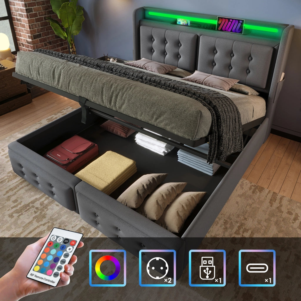 Letto matrimoniale 180x200 cm con testiera LED e contenitore