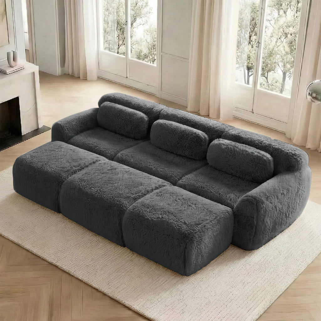 Divano Modulare 3 Posti con Ottomane ¨C MINIMAL ¨C Tessuto Morbido Grigio