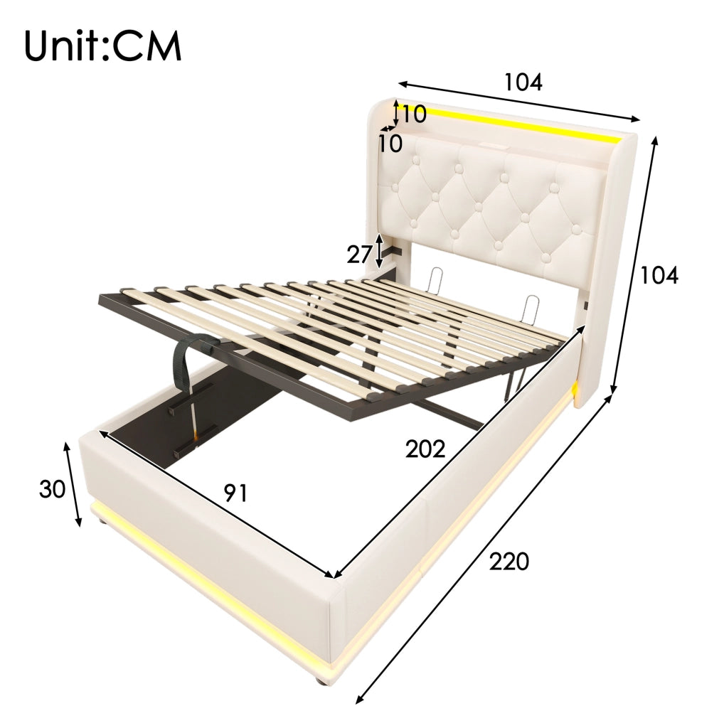 Letto imbottito singolo con LED 360°; USB e Type-C; contenitore idraulico; 90x200 cm; bianco PU