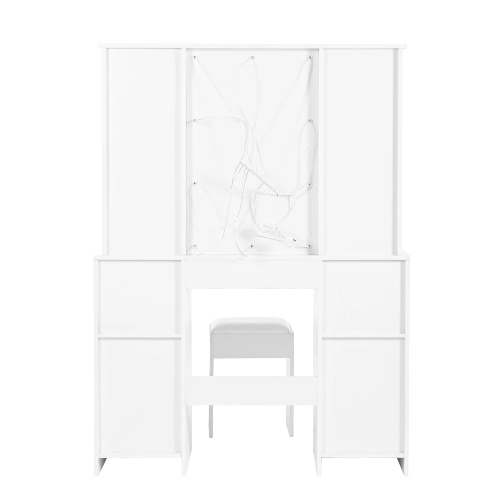 Tavolo da toeletta con specchio LED, 3 cassetti, 2 ante e 4 ripiani, per camera, bianco, 110 × 40 × 151 cm