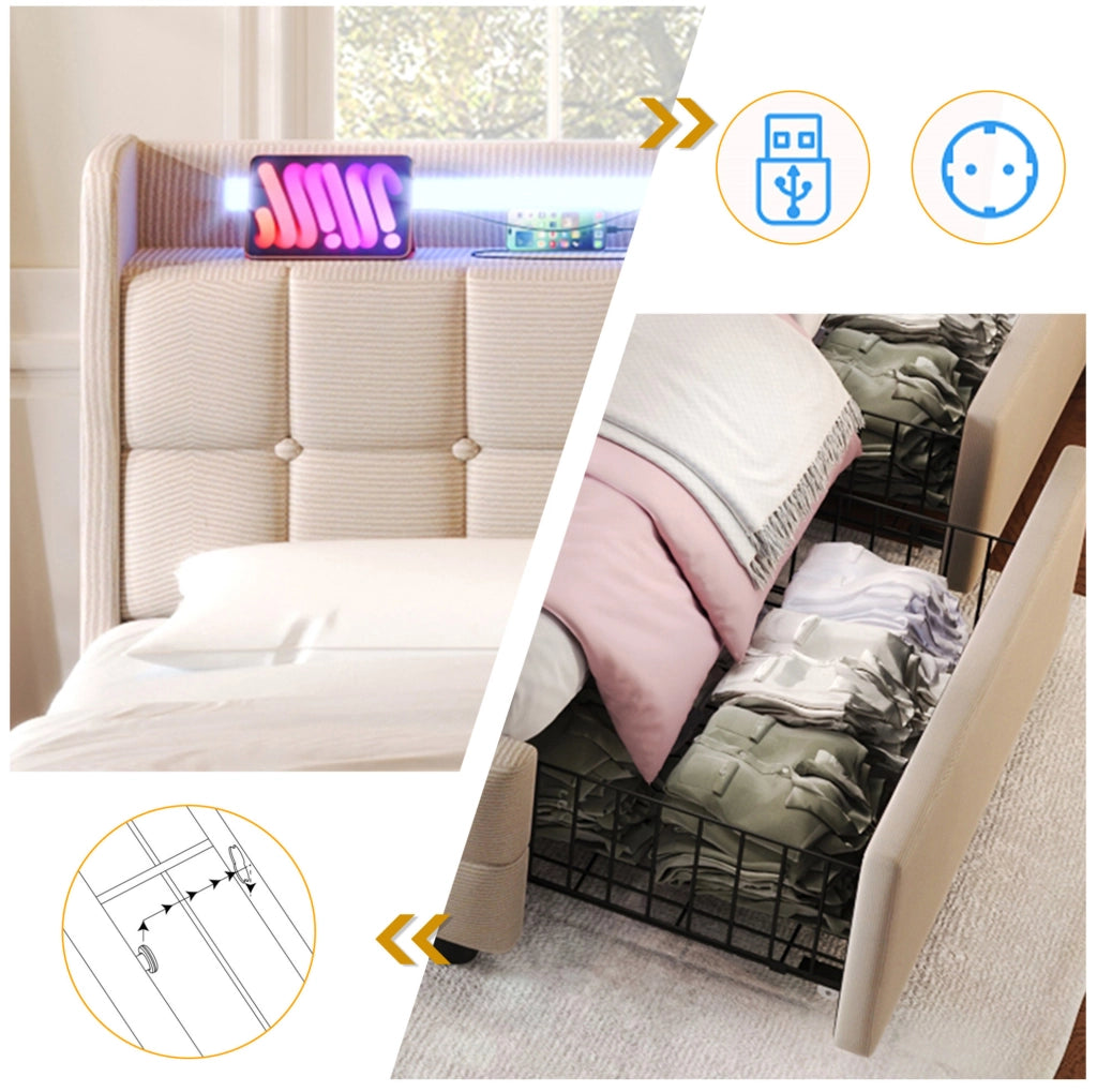 Letto singolo imbottito 90x200 cm con USB; prese; LED e 2 cassetti; beige