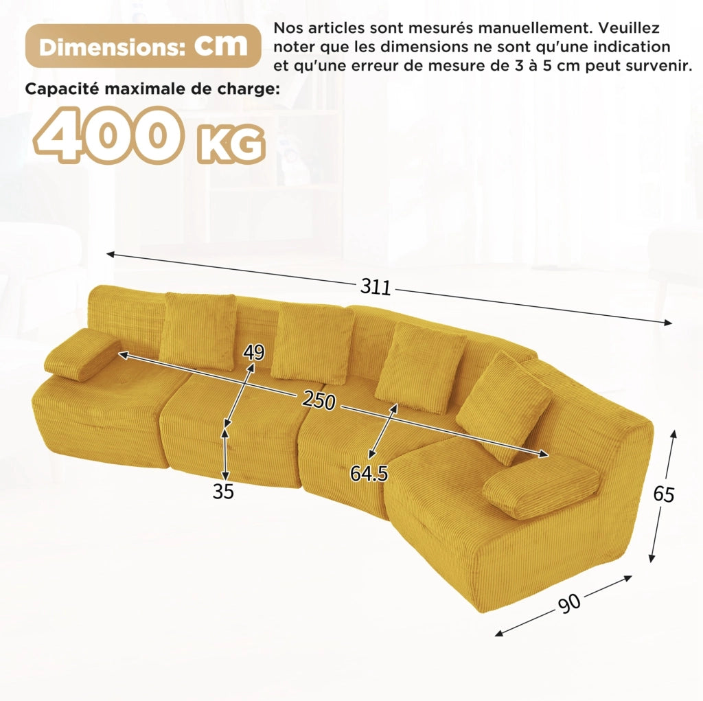Divano modulare 4 posti in velluto a coste giallo brillante HOMVRA