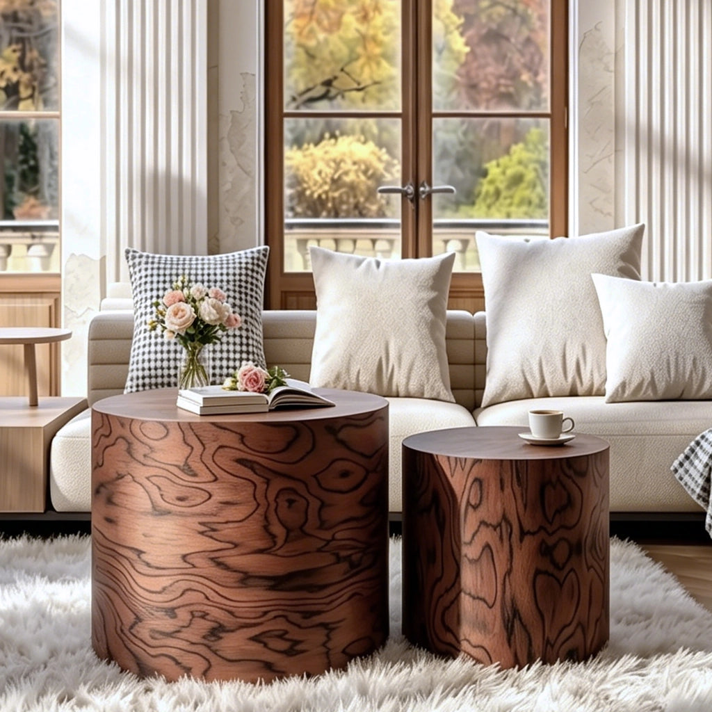Set di tavolini da caffè rotondi a incastro 2 pezzi effetto ceppo in legno e MDF colore marrone scuro