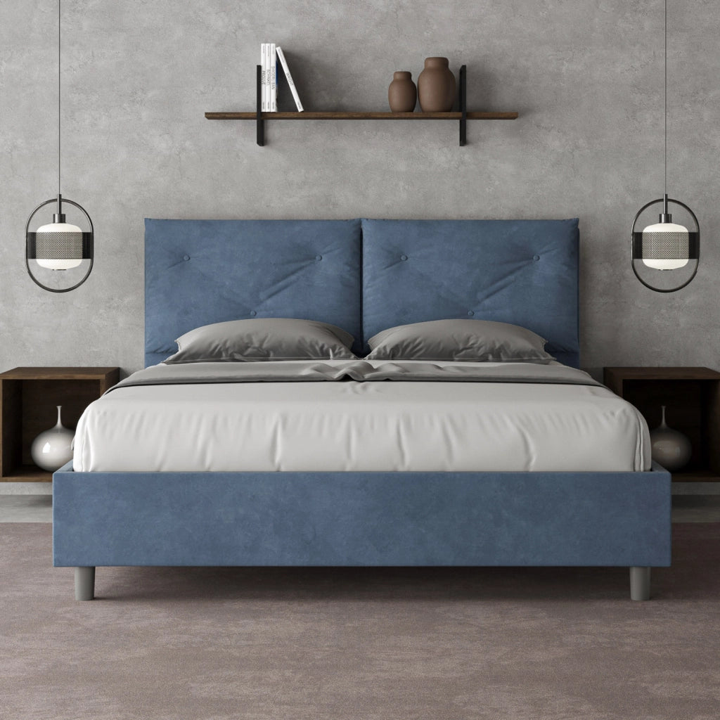 BS COM Letto queen size senza rete imbottito 150x190 microfibra blu Large