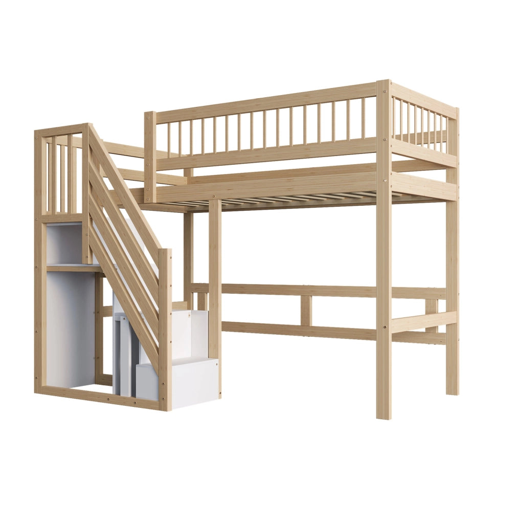 Letto rialzato per bambini 90x200 cm con scala contenitore; in legno