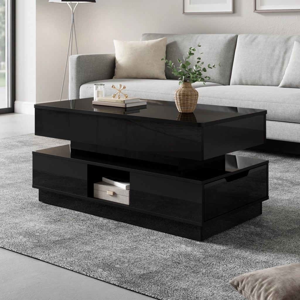 Tavolino da salotto nero lucido con piano elevabile e LED
