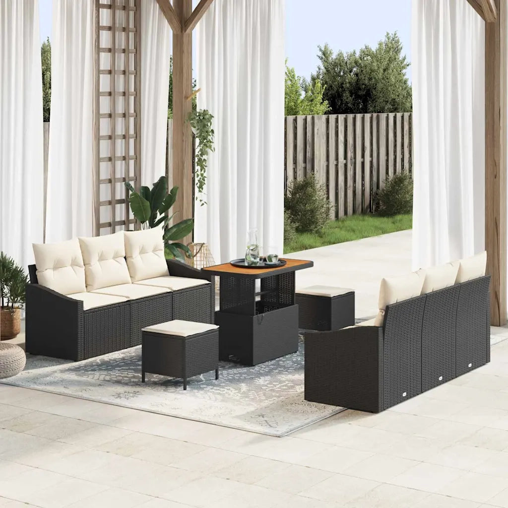 Set Divano da Giardino con cuscino 9 pcs Nero e Crema