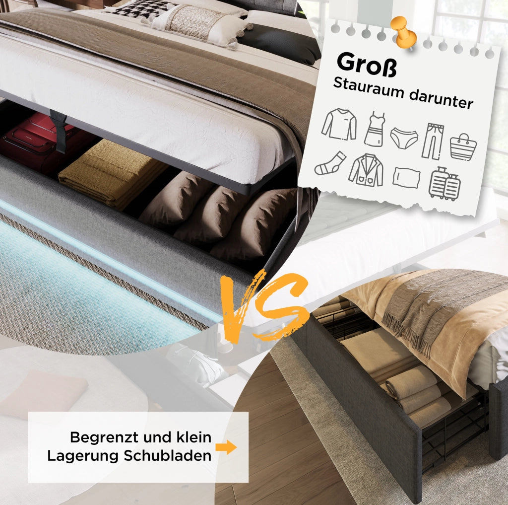 Letto matrimoniale imbottito 180 × 200 cm con contenitore idraulico; LED; USB e Type-C; cotone grigio