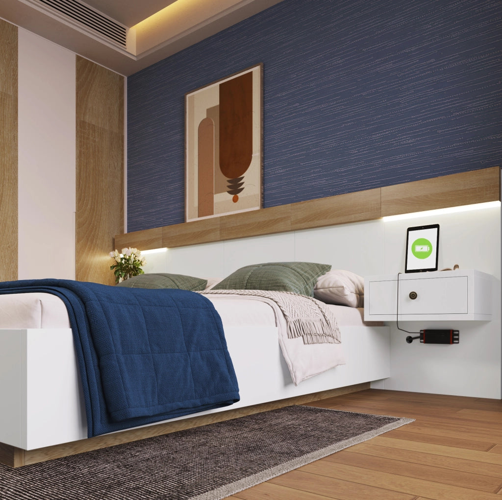 Letto 180x200 cm con 2 comodini LED, USB e USB-C in rovere Sonoma e bianco