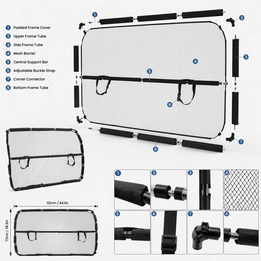 Dog Car Barrier 1415 Mm Partition Dog Guard For Mounting On Front Seats Car Safety Barrier Pet Barrier With Mesh Fabric, Universally Suitable Car Barrier For SUVs Trucks Vehicles, Black