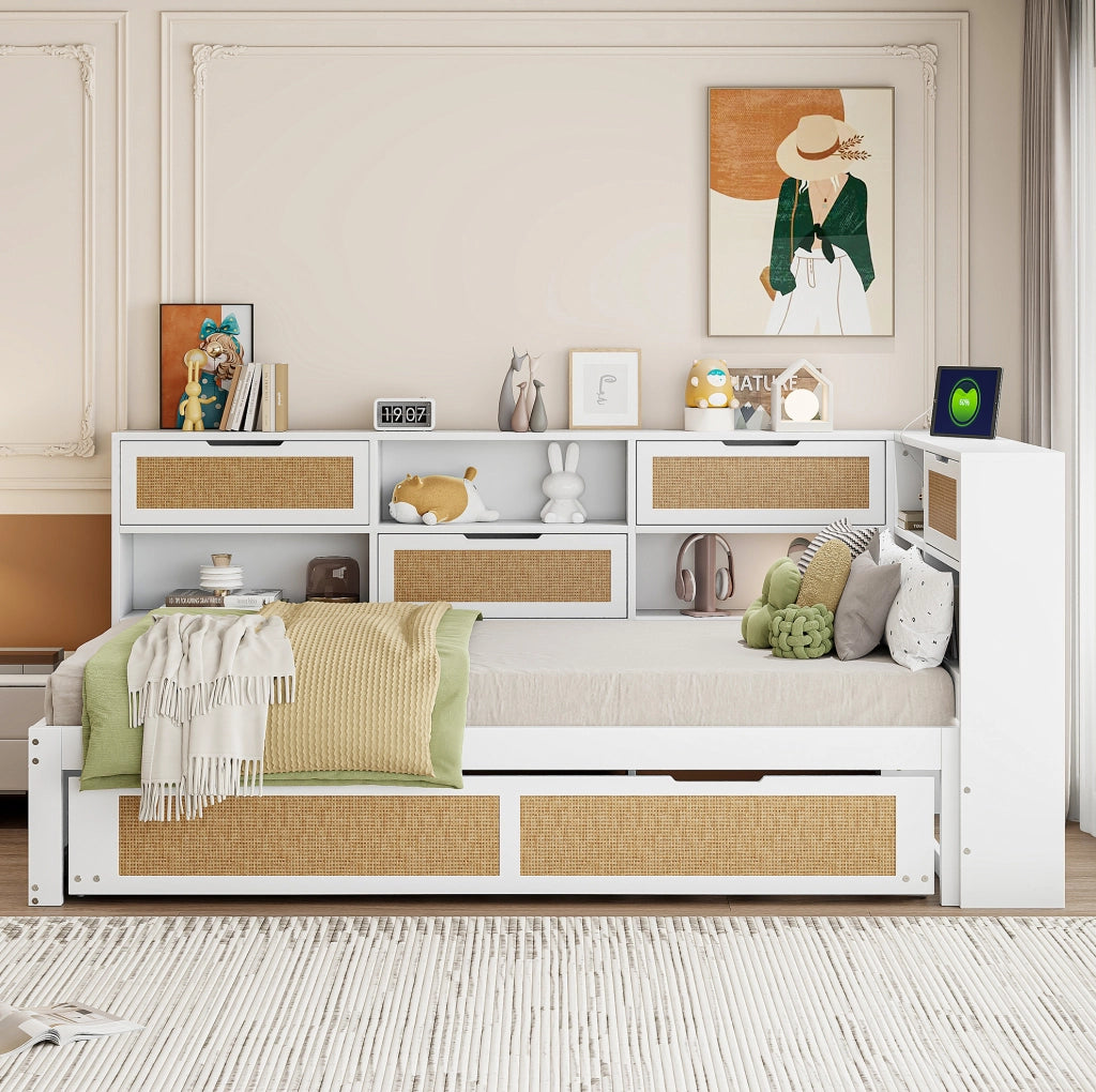 Letto singolo 90x200 cm con letto estraibile 90x190 cm, USB e vani, bianco