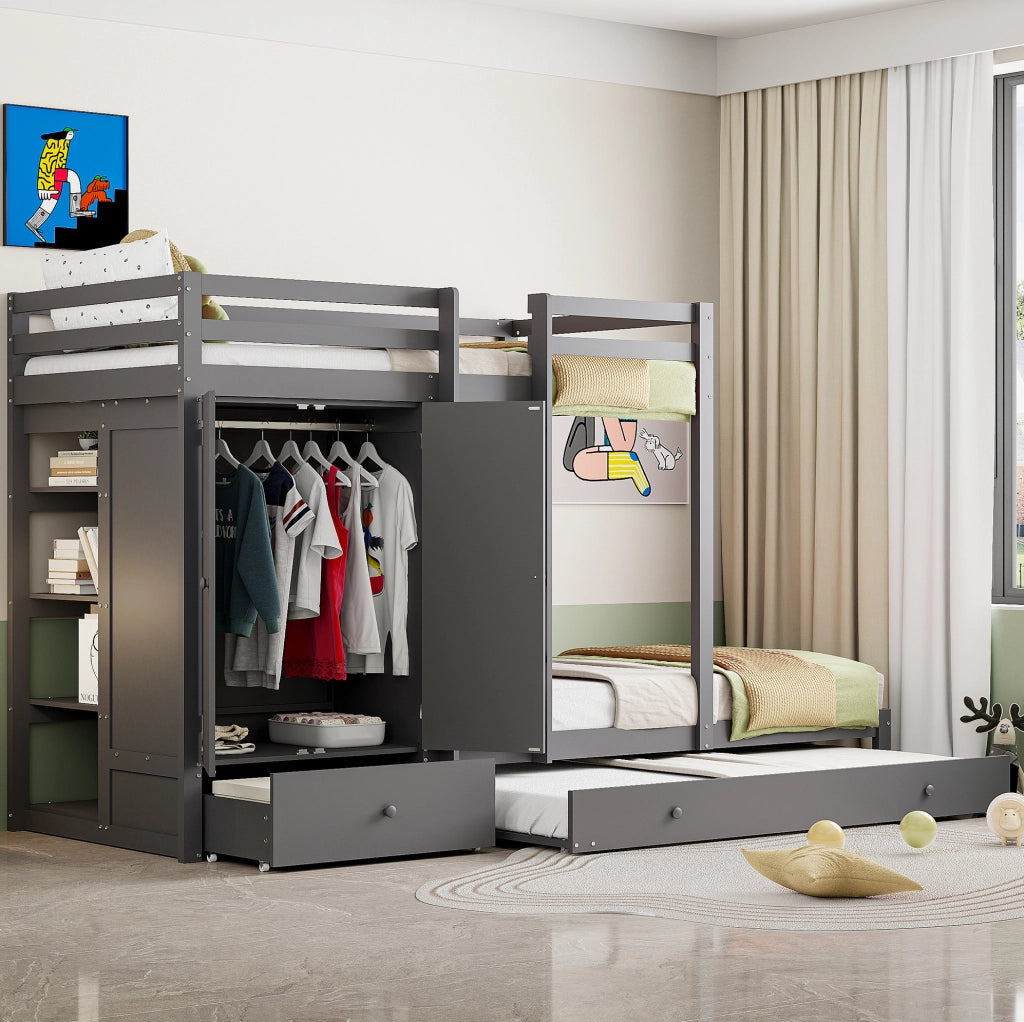 Letto a castello 90x200 cm con letto estraibile, armadio e cassetti grigio