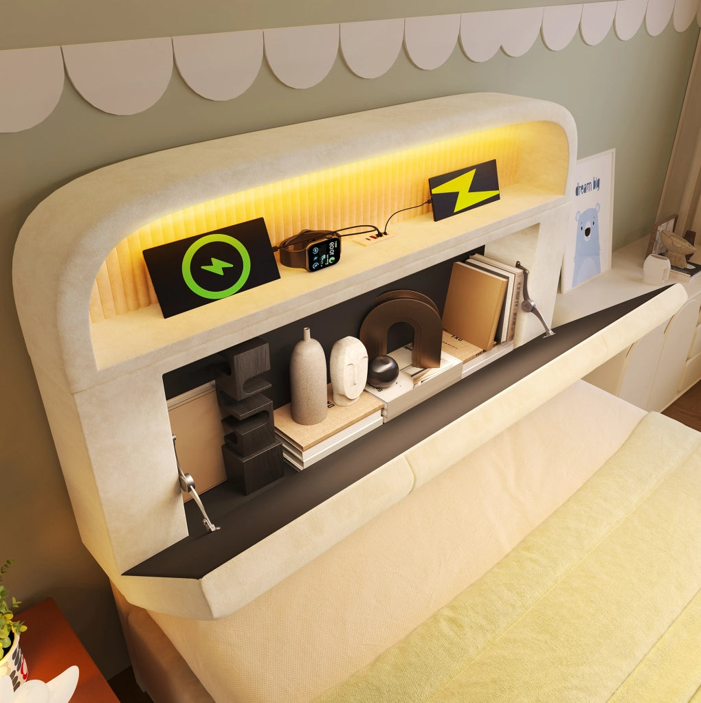 Letto singolo contenitore 90x200 cm beige con LED, USB e materasso