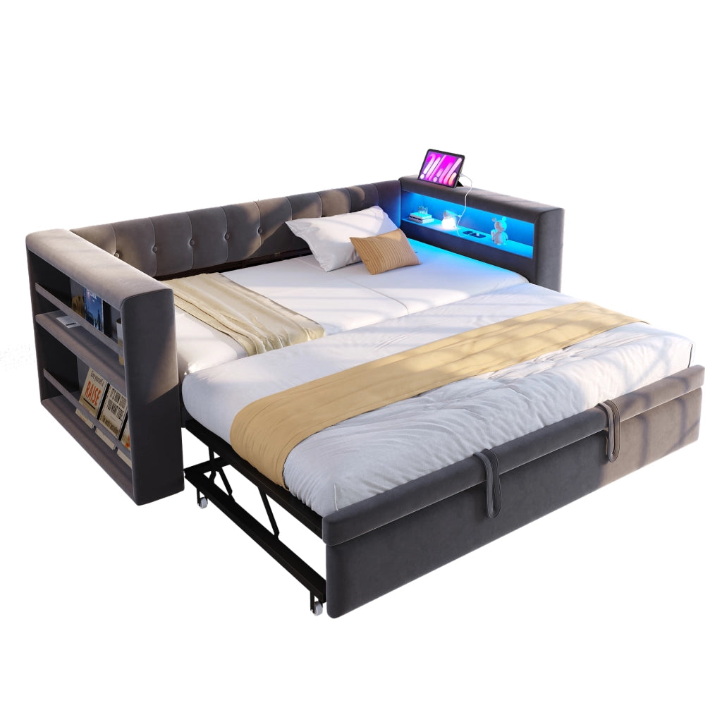 Letto multifunzione con LED prese e vani contenitore in flanella grigio scuro