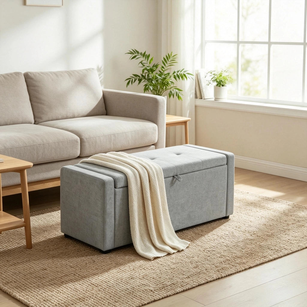 Panca contenitore imbottita con vano nascosto, in tessuto effetto lino grigio chiaro, 122 × 48 × 44 cm
