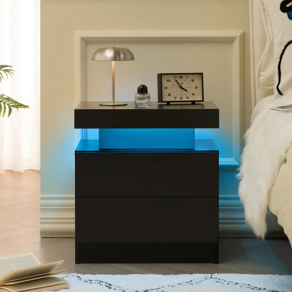 Comodino Moderno Nero con 2 Cassetti e Luci LED Integrati per Camera da Letto