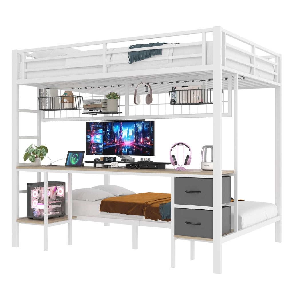 Letto a soppalco in metallo con scrivania, cassetti e LED