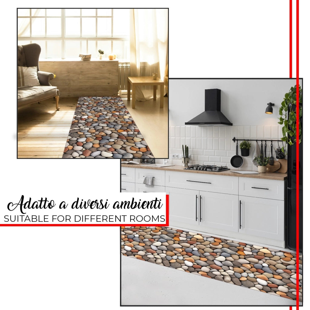 Tappeto Cucina Gomma Pvc Stampato In Alta Risoluzione HD Antimacchia Antiscivolo Pietre - 51x450 Cm