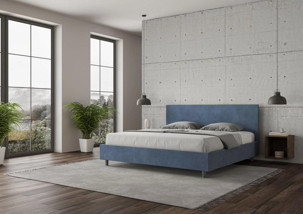 BS COM Letto con rete imbottito 180x210 microfibra blu