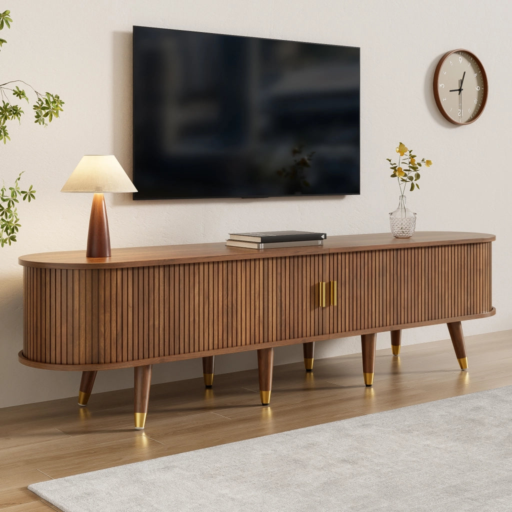 Mobile TV con 1 Porta Scorrevole in Rattan; Vani Aperti e Cassetti; per Soggiorno; in MDF; 175 × 38 × 45 cm; Noce