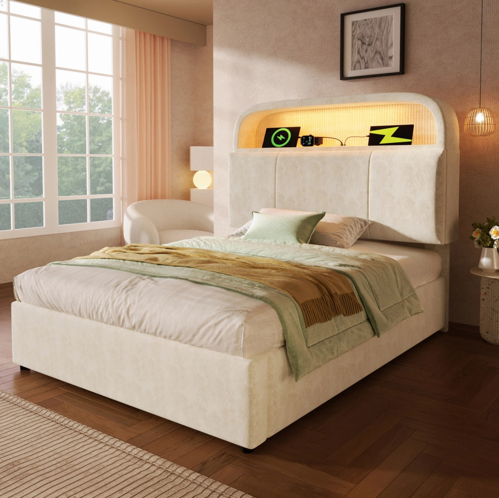 Letto singolo contenitore 90x200 cm beige con LED, USB e materasso