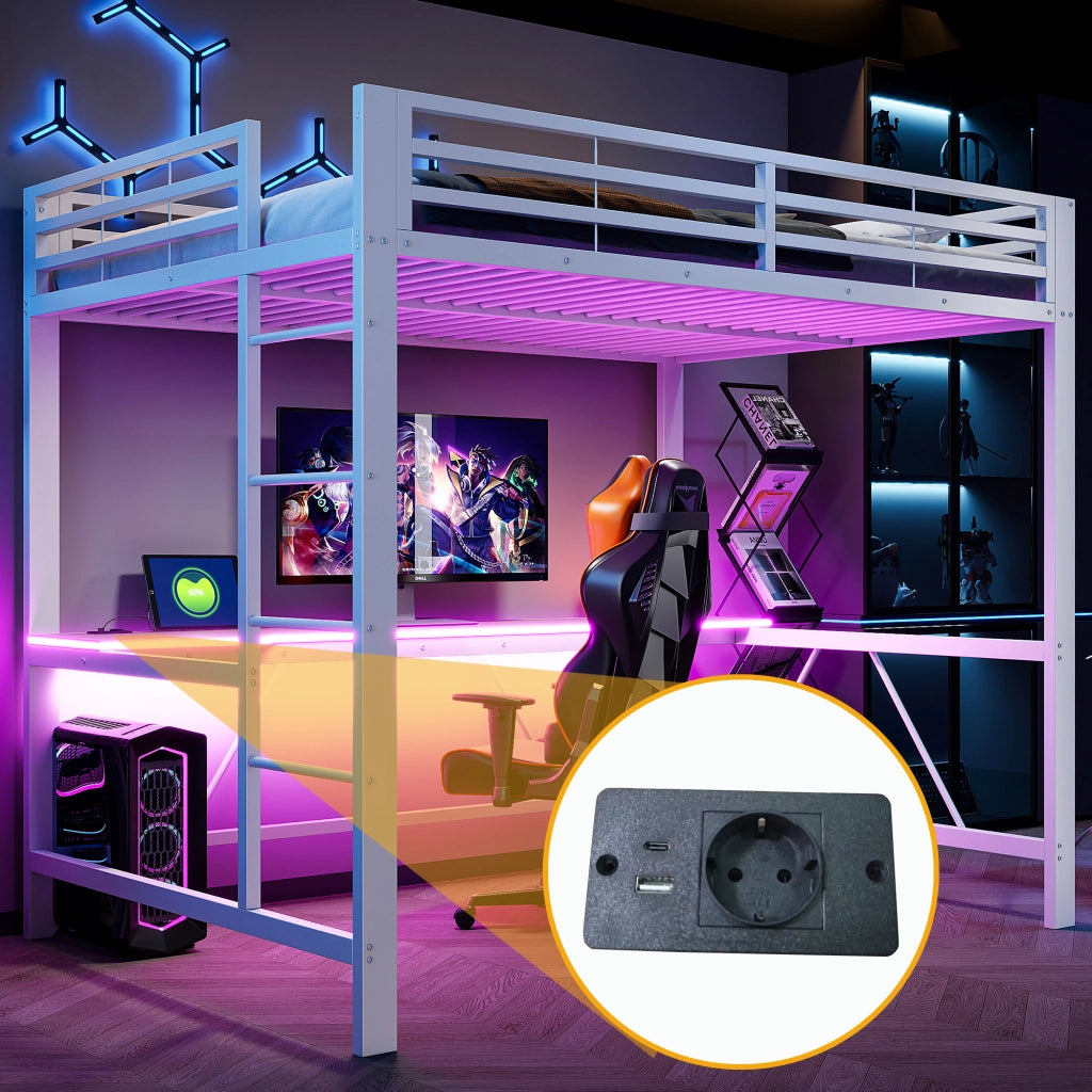 Letto a soppalco 140 × 200 cm con scrivania LED e ricarica USB in metallo e MDF bianco