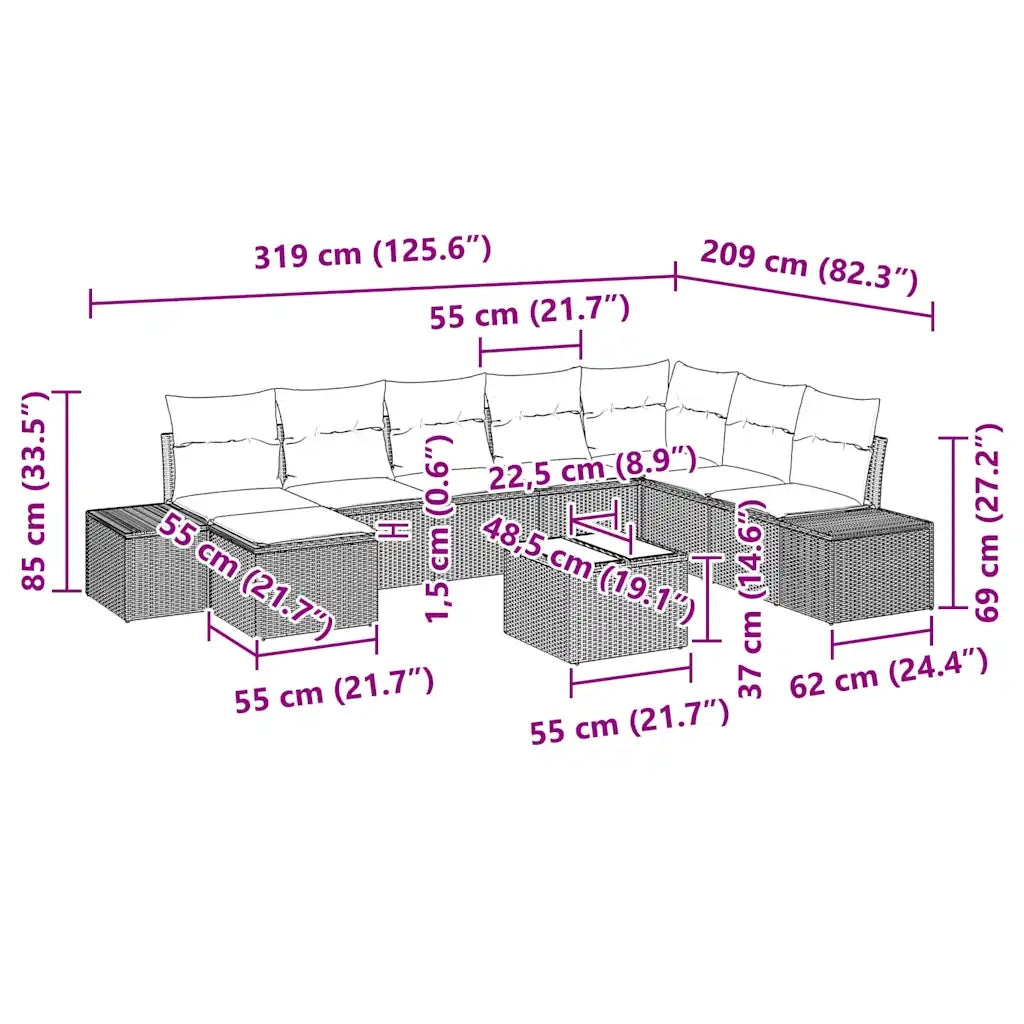 Set Divano da Giardino 9 pcs Grigio chiaro polyrattan 3347192