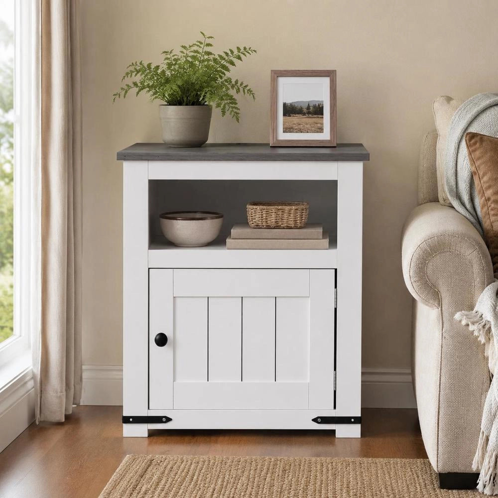 Country Style Nightstand With USB Charging Ports And Outlets, White Wood Grain 3-Tier Storage Side Table For Bedroom Living Room Study, 40x40x60 Cm