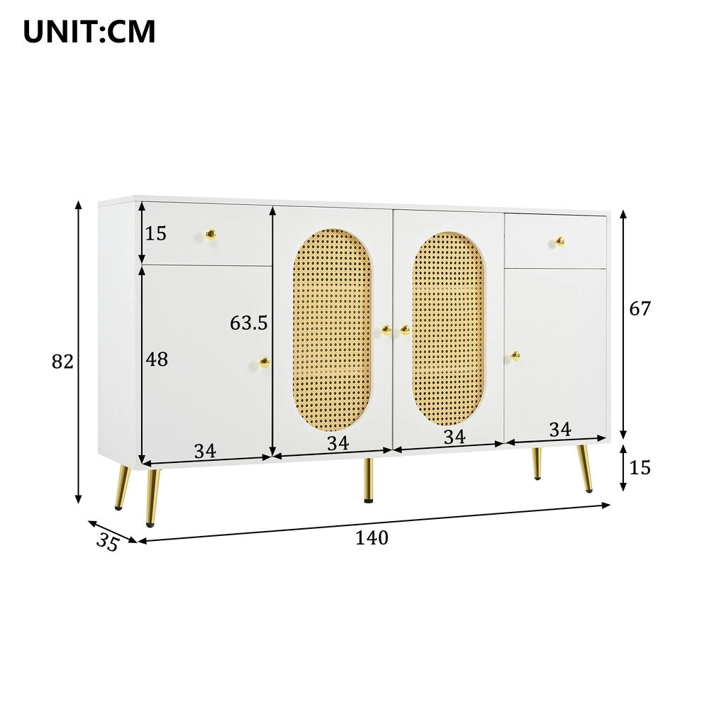 Cassettiera con 2 cassetti e 4 ante ¨C Minimal ¨C bianco legno naturale 140x35x82 cm per soggiorno cucina