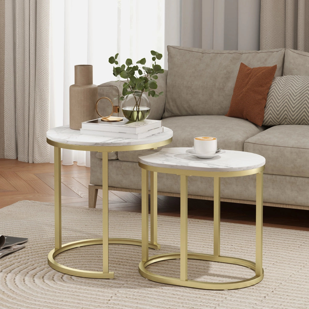 TAVOLINI DA SALOTTO Set da 2 pezzi Ø50 cm e 60x36 cm MDF Bianco