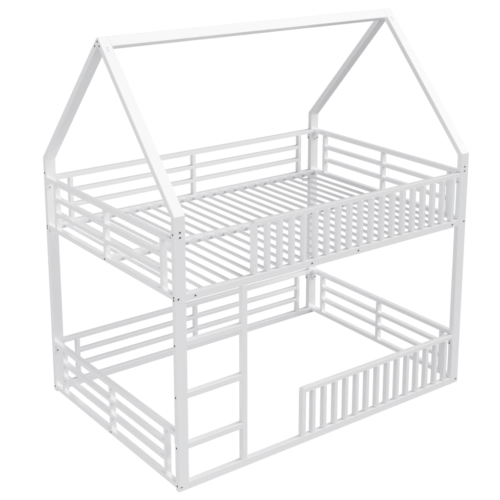 Letto a castello 140x200 a forma di casetta con luce LED; metallo bianco