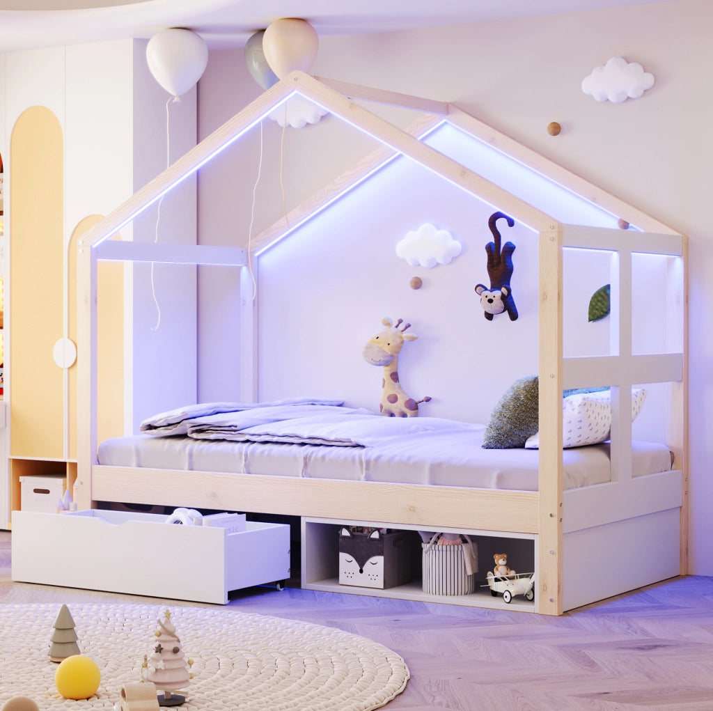 Letto a casetta 90x190 cm con cassetti, scarpiera e LED multicolore