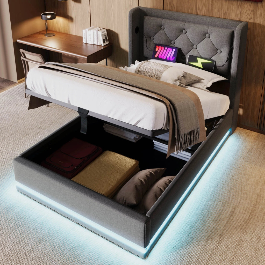 Letto singolo contenitore 90x200 cm grigio con LED e USB-C