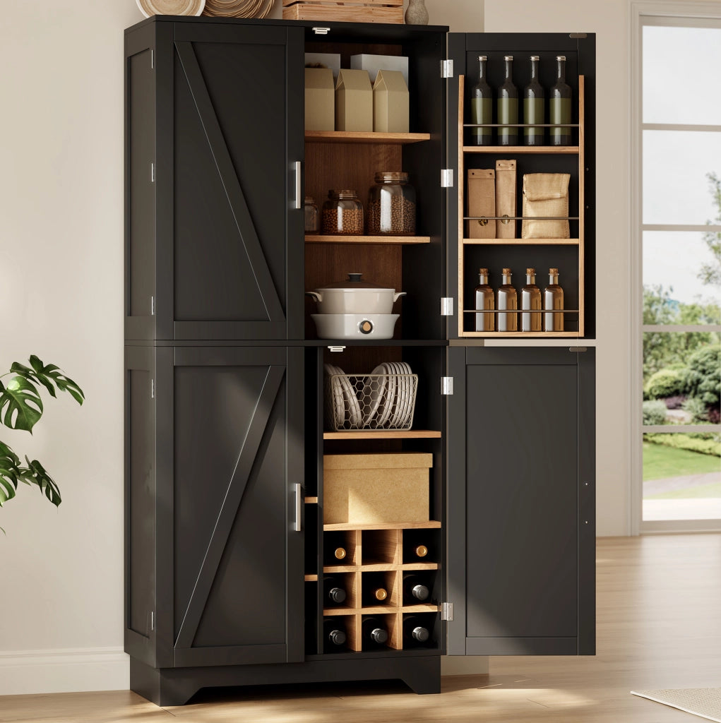 Armadio contenitore alto in MDF con portabottiglie, nero e naturale