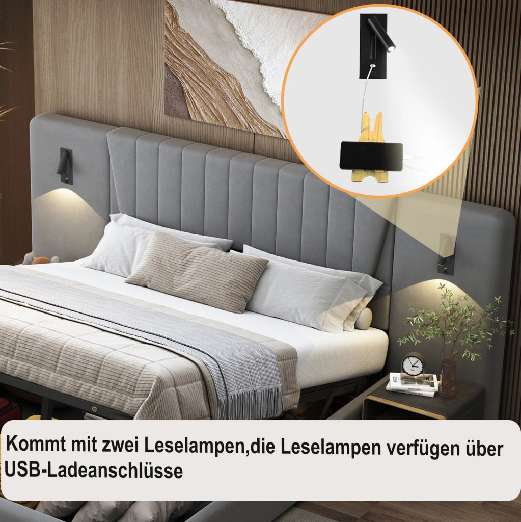 Letto matrimoniale imbottito 180x200 cm con schienale extra lungo, lampada da lettura orientabile e porta USB, spazio contenitore idraulico, tessuto in velluto grigio