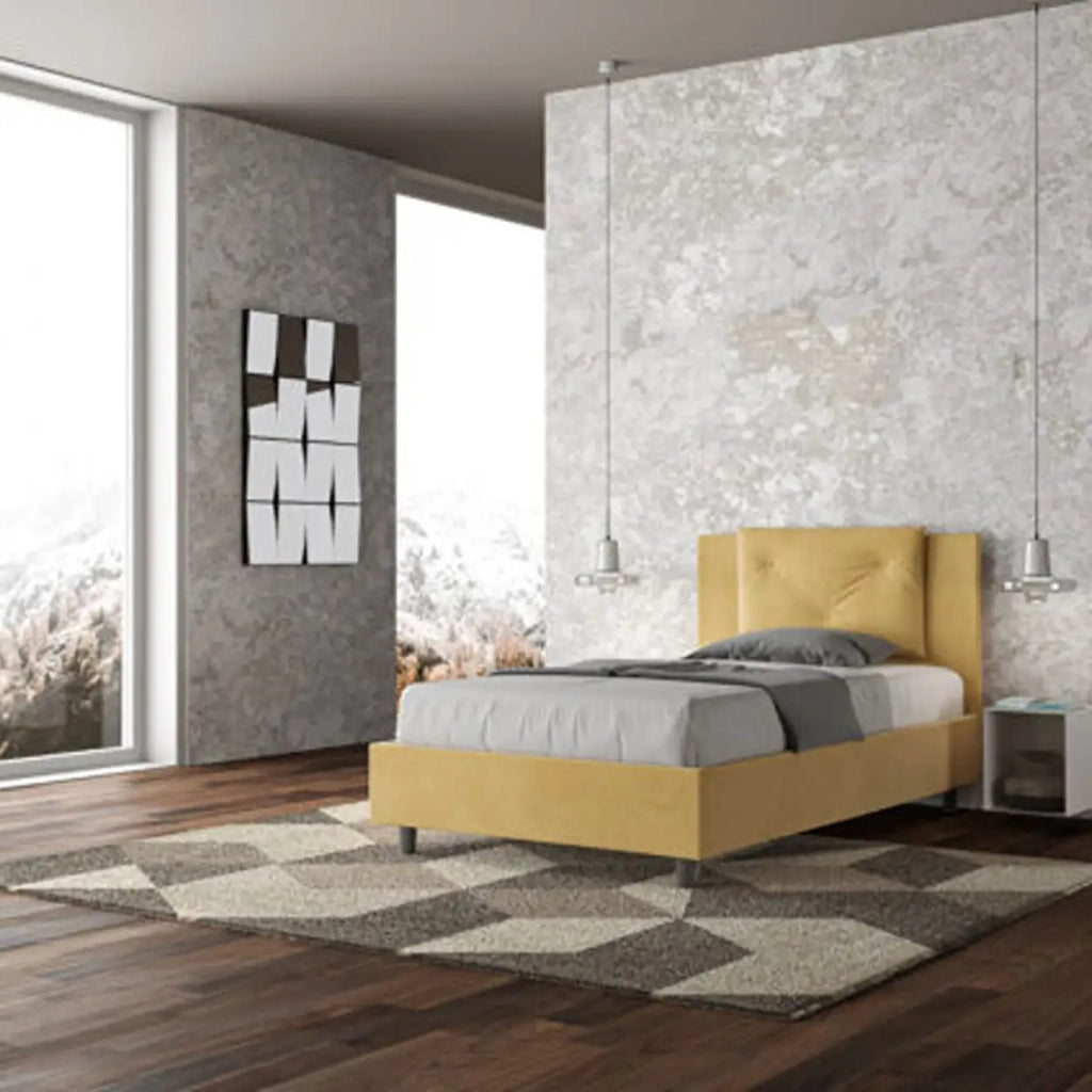 Letto una piazza e mezza contenitore imbottito 120x210 microfibra ocra Appia