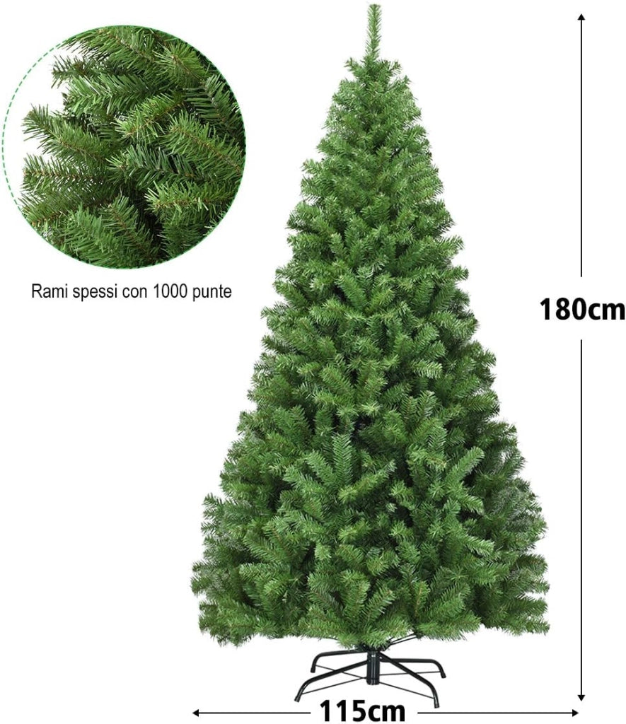 Albero di Natale 180 cm, Albero di Natale Artificiale con 1000 Rami Densi e Base in Metallo con Cuscinetto Antiscivolo, Albero di Natale Folto per Casa, Ufficio e Negozio (180 cm)