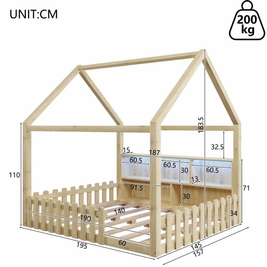 Letto a Casetta Bambini 140x190 cm LEMONMAX a Terra con Nicchie, LED, Sponde Rialzate, Struttura Pino MDF Naturale, Portata 200 kg, Salvaspazio