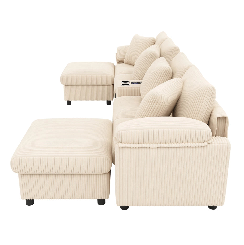 Divano modulare ULEVR 315,5x144 cm beige con console Bluetooth, ricarica wireless, USB/Type-C e portabevande