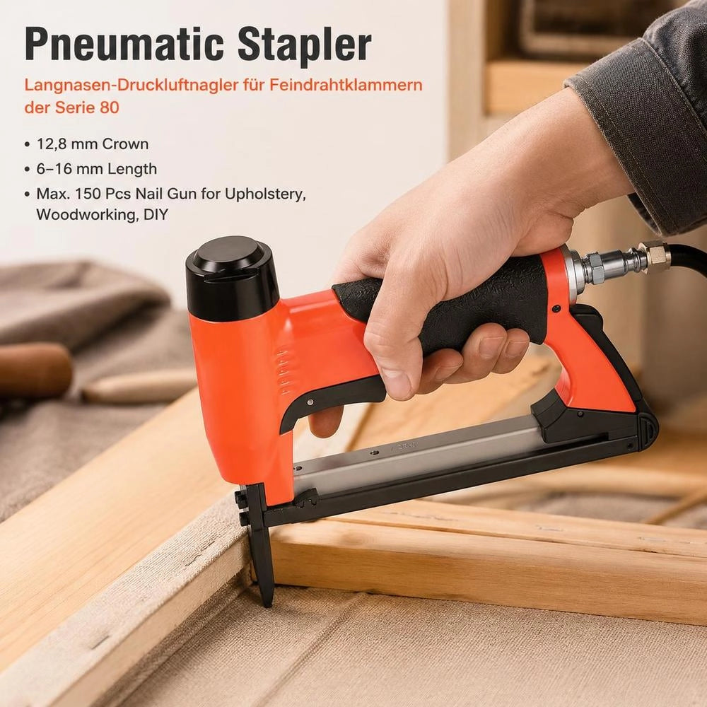 Pneumatic Tacker, Long-nose Pneumatic Nailer For Fine Wire Staples Of The 80 Series, 12.8 Mm Crown, 6–16 Mm Length, Max. 150 Pcs. Nail Gun For Upholstery, Woodworking, DIY.