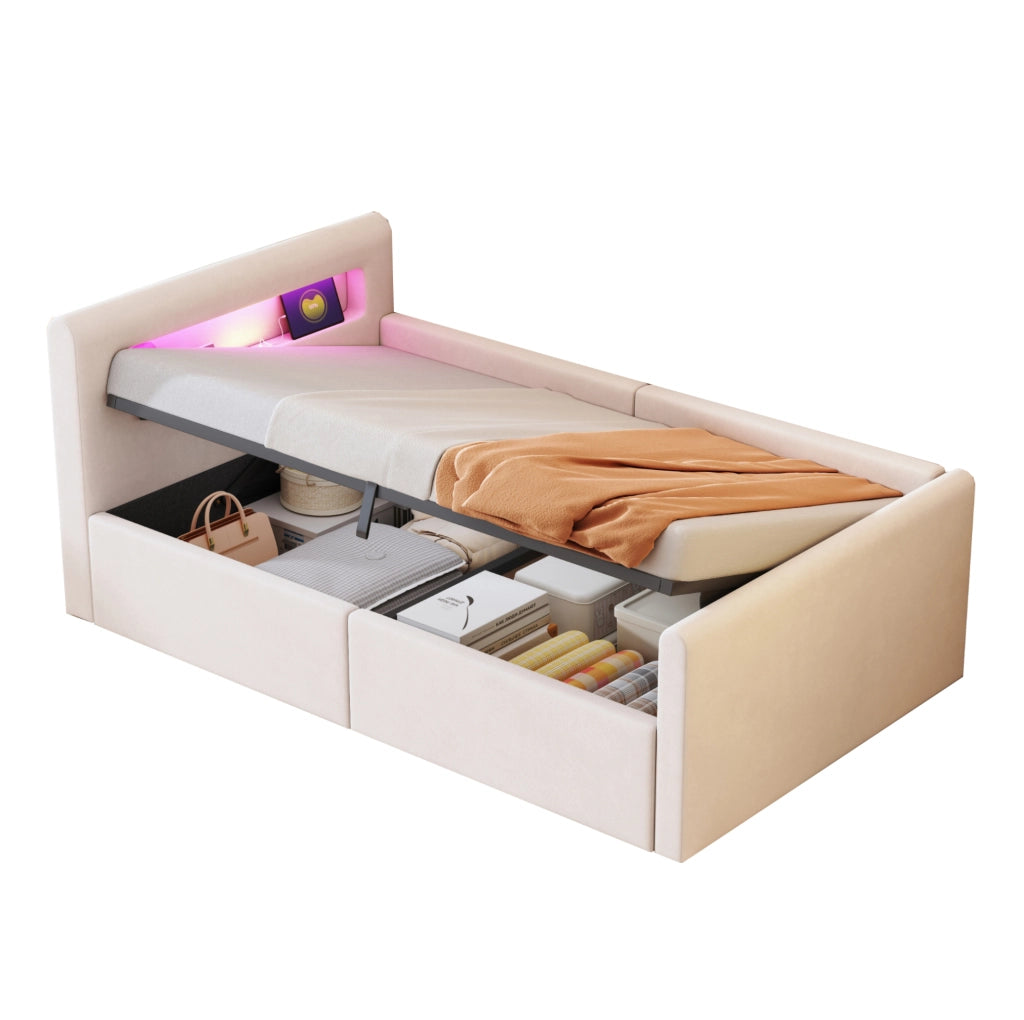 Letto imbottito per bambini 90 x 200 cm in velluto beige con LED; USB e contenitore