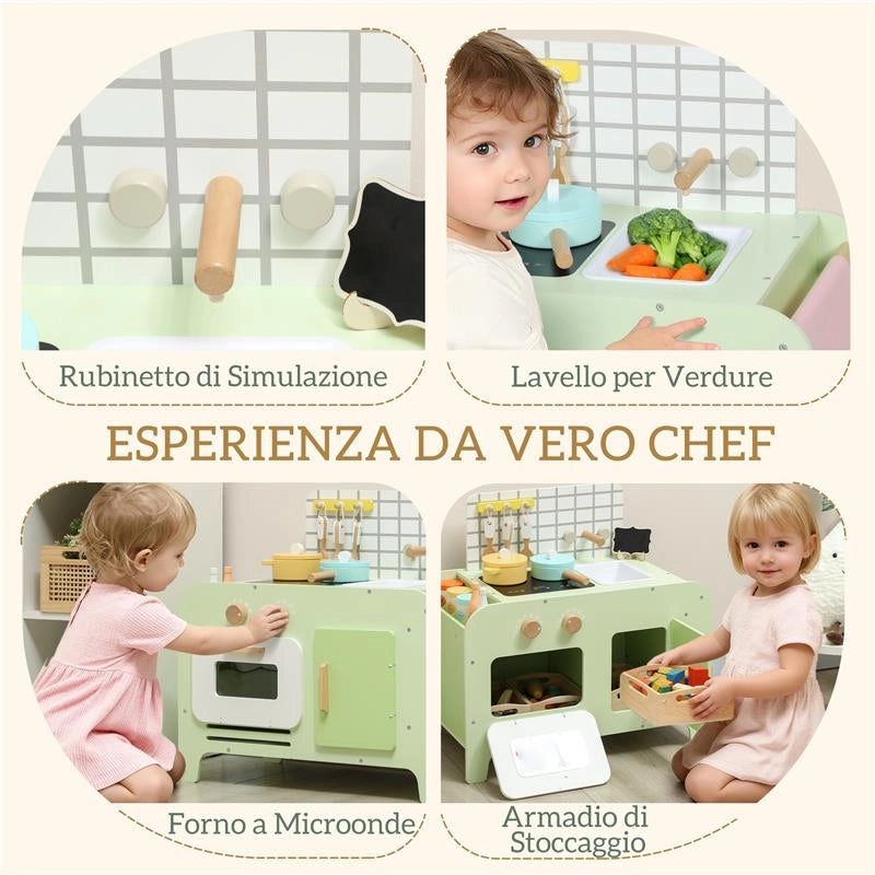 SET CUCINA GIOCATTOLO IN LEGNO PER BAMBINI DA 3+ ANNI CON 15 ACCESSORI, VERDE