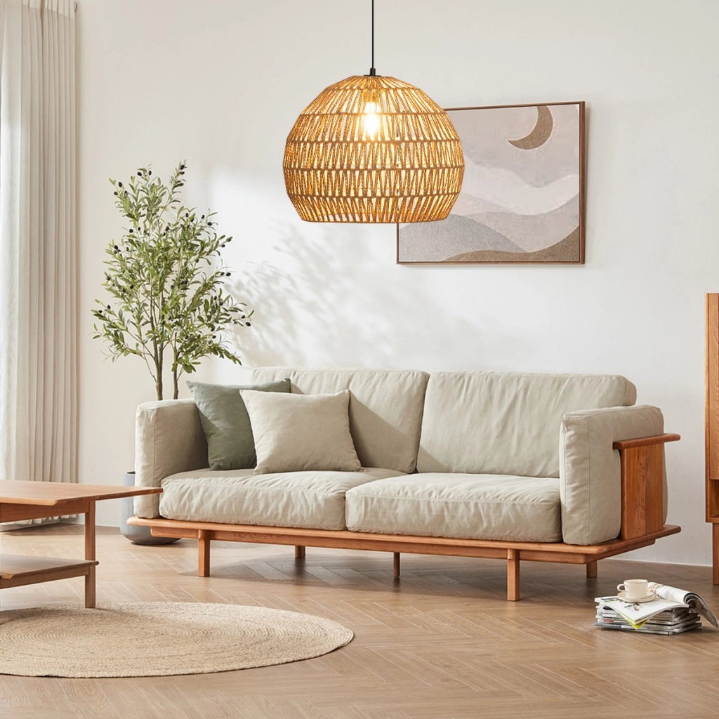 Lampada a sospensione intrecciata in carta per cucina camera da letto, Lampadario boho con altezza regolabile Marrone