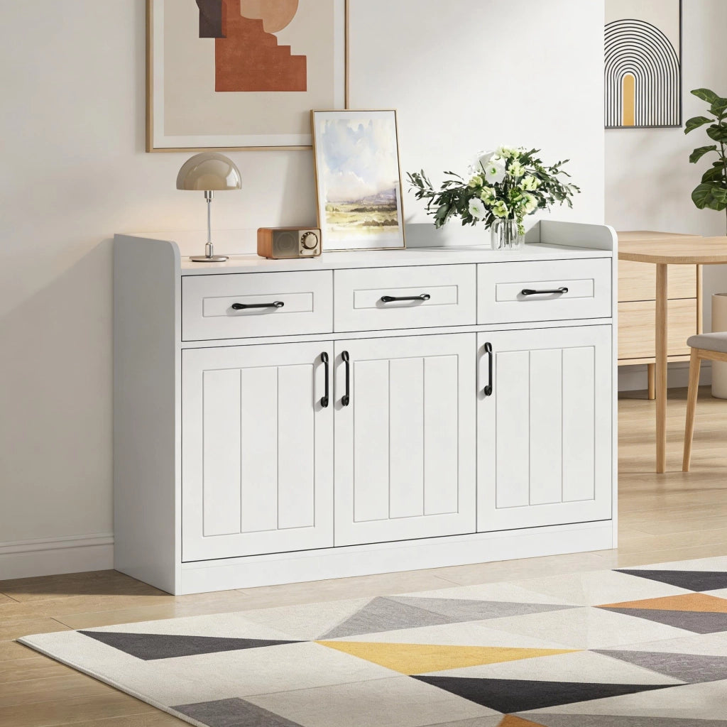 Mobiletto bianco 120x35x80 cm con 3 cassetti e 3 ante, piano regolabile e design a righe