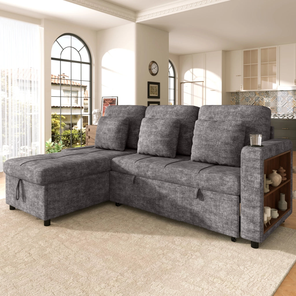 Divano letto 3 posti estraibile con récamiere contenitore portabicchieri tasche laterali in ciniglia grigio 201.3 × 126.1 × 86.1 cm