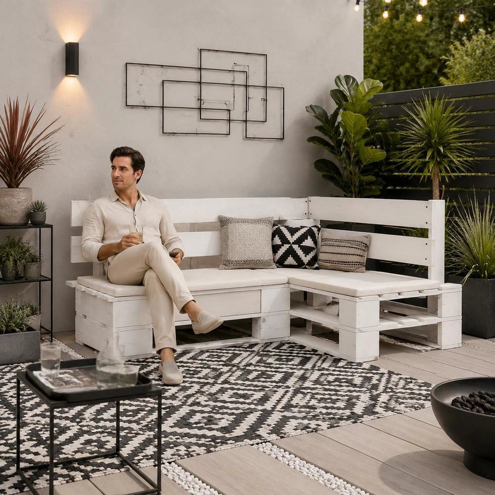 Outdoor Corner Bench, Pallet Wood, White