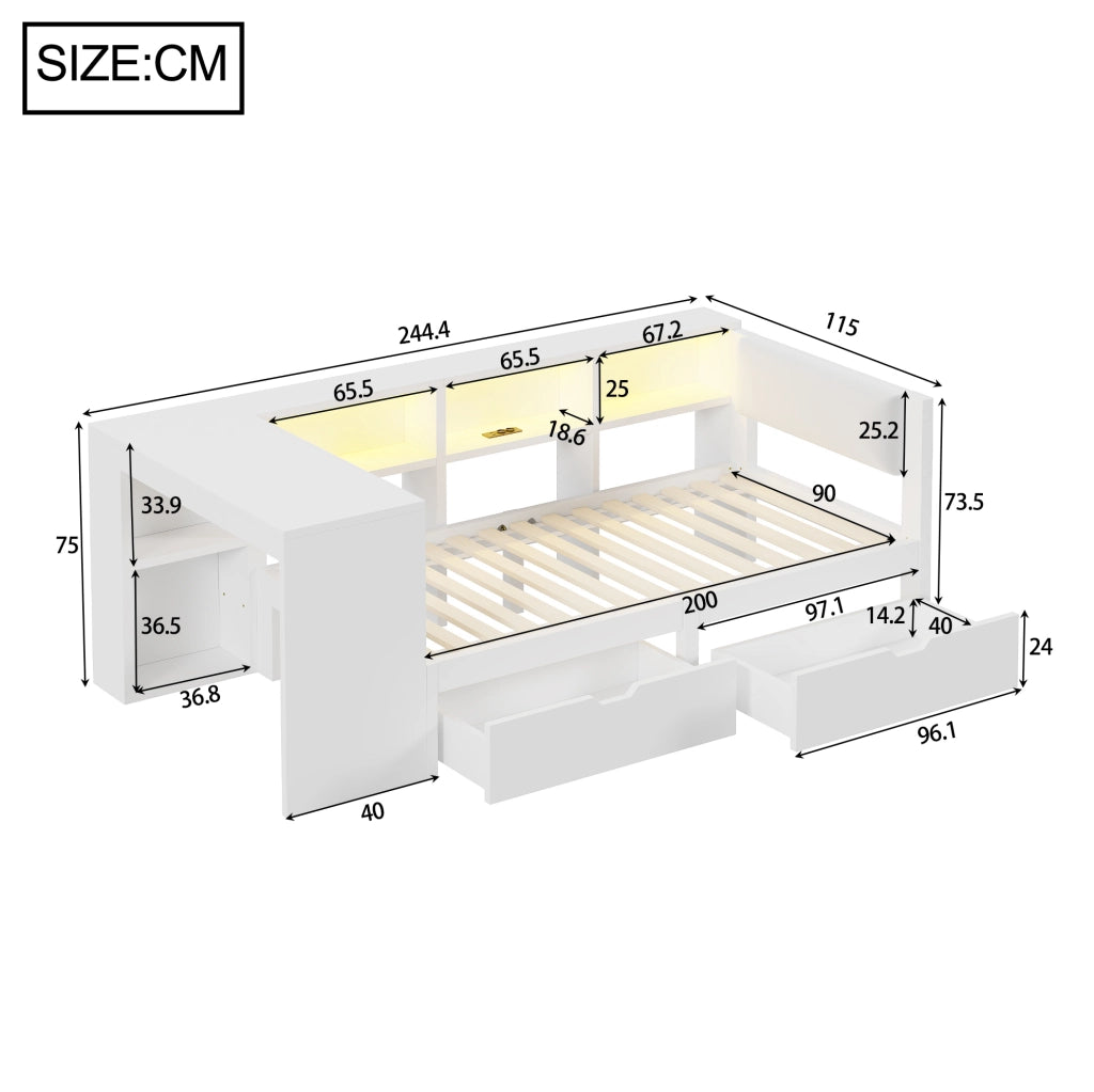 Letto a piattaforma in legno 90x200 cm con testiera imbottita, cassetti, ripiani, stazione di ricarica e luci LED colorate, bianco