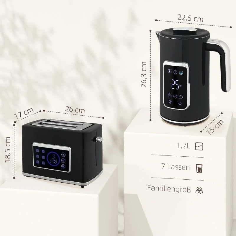 Set Bollitore e Tostapane, 1,7 L, 2 Fette, Touchscreen LED, Vari Modi, Nero